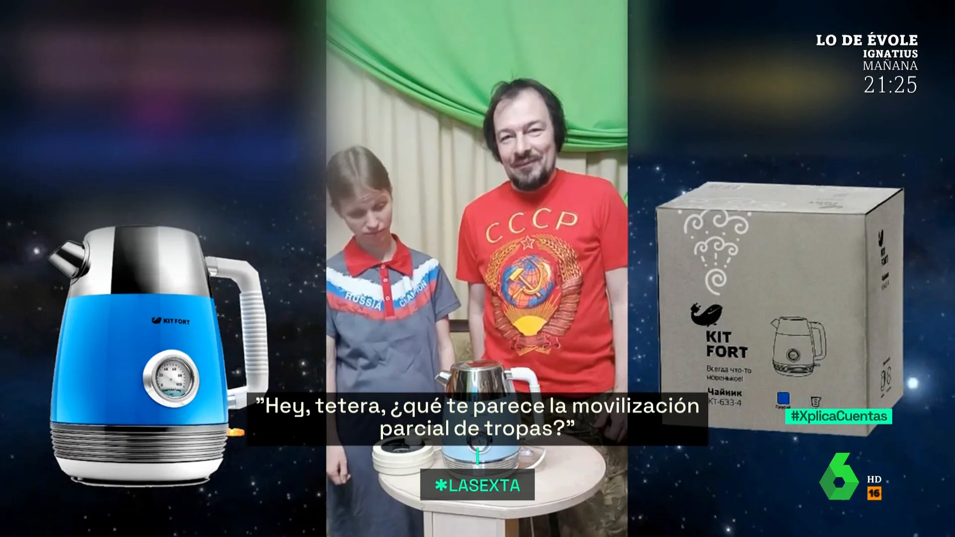 Antonio Pérez Lobato muestra un anuncio de la televisión rusa en el que dos personas 'venden' una tetera que no responde preguntas de la guerra en Ucrania y de la que destacan que "además de hacer su trabajo, permanece en silencio".