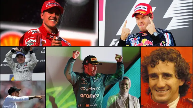 Fernando Alonso, Michael Schumacher, Lewis Hamilton, Sebastian Vettel, Kimi Raikkonen y Alain Prost 