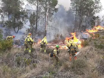 Bomberos trabajan en el incendio forestal