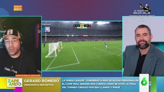 Gerard Romero analiza el éxito la King´s League Gerard Romero comenta en Zapeando el éxito de la final de la King´s League un día después de llenarse el Camp Nou y explica en este vídeo las líneas maestras de esta competición donde combinan los videojuegos, el fútbol y el espectáculo.