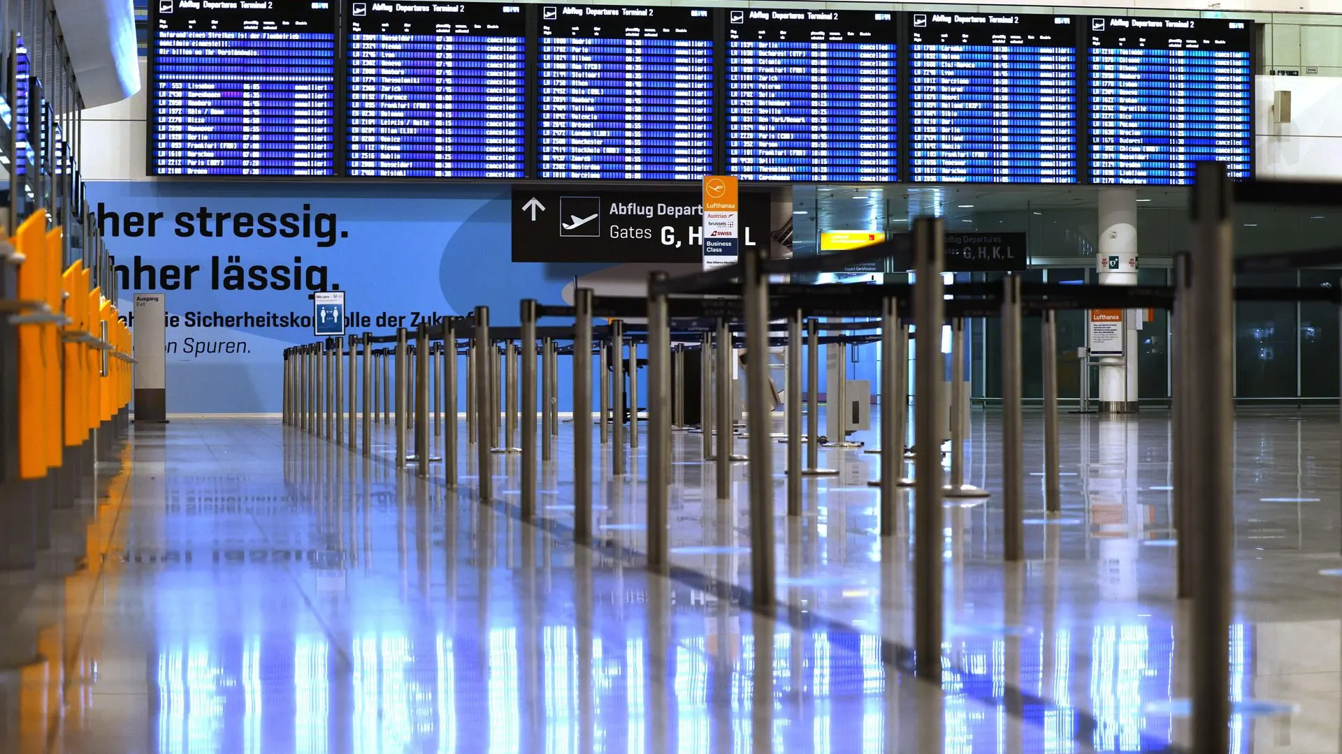 Facturación vacía durante la huelga en el aeropuerto internacional de Munich, Alemania.