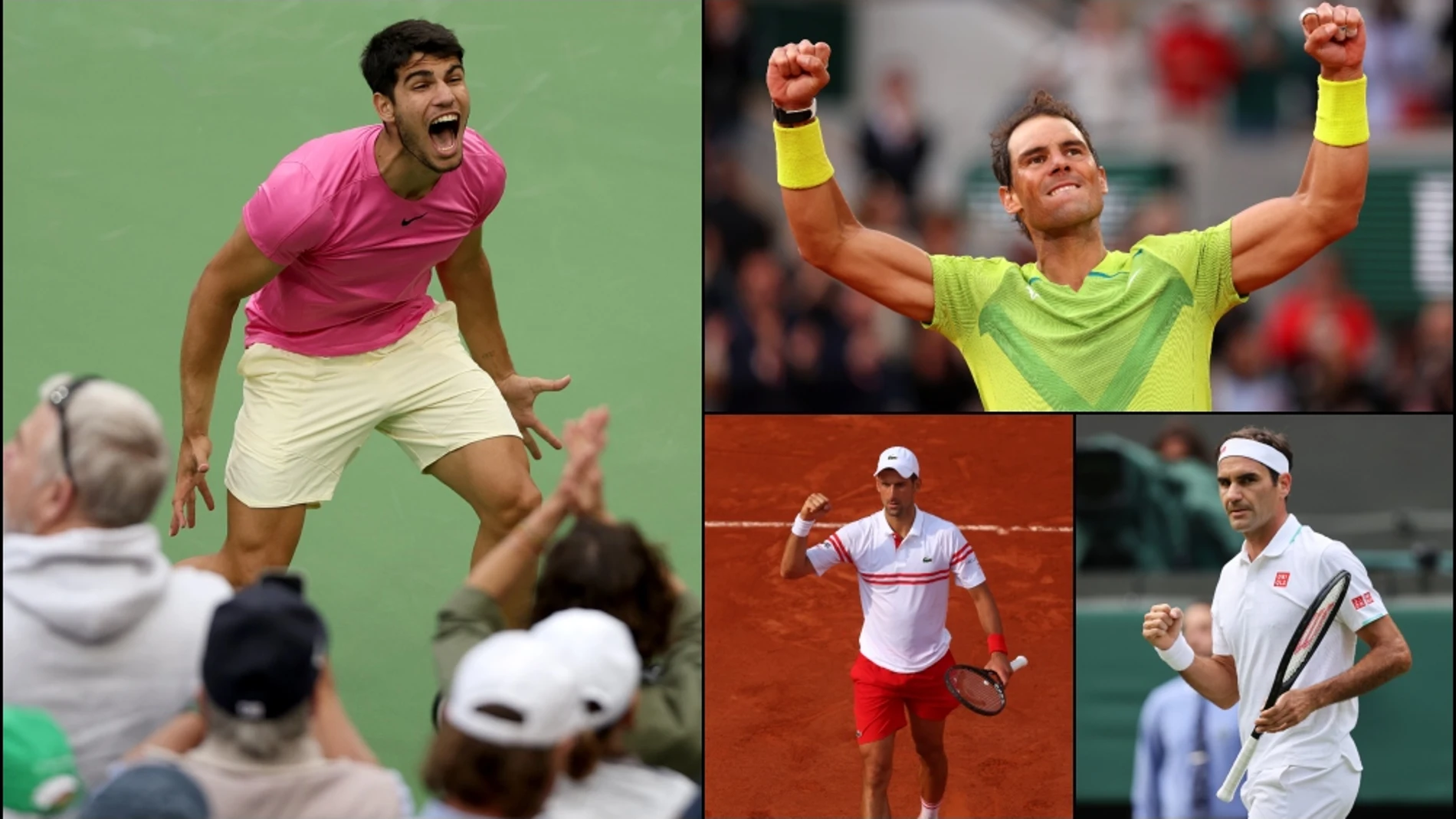 Carlos Alcaraz, Rafa Nadal, Novak Djokovic y Roger Federer