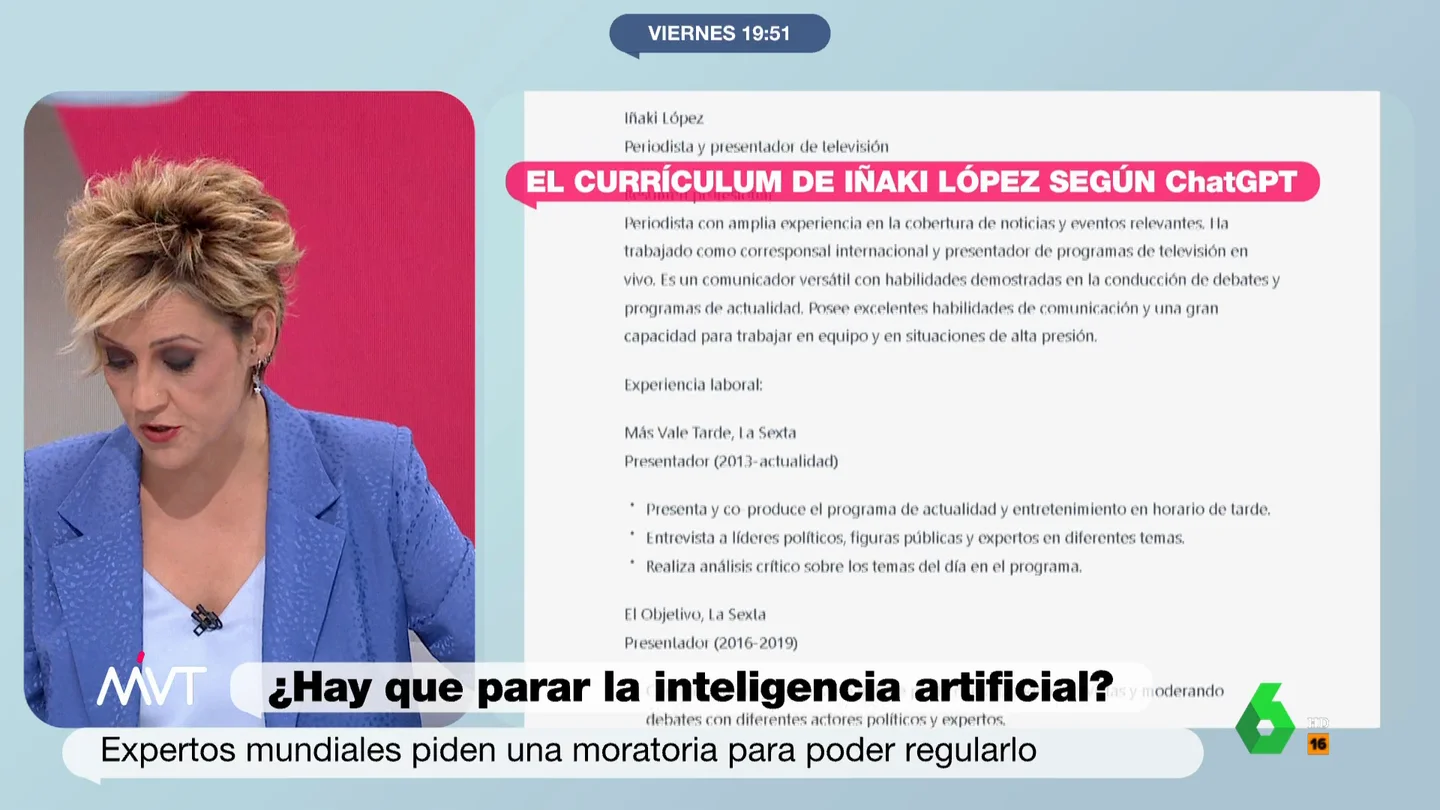 La reacción de Cristina Pardo al descubrir en su nuevo CV los trabajos que le ha asignado el ChatGPT La reacción de Cristina Pardo al descubrir en su nuevo CV los trabajos que le ha asignado el ChatGPT