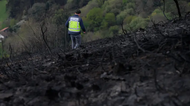 Un efectivo de policía investiga en una zona quemada en el Monte Naranco de Oviedo