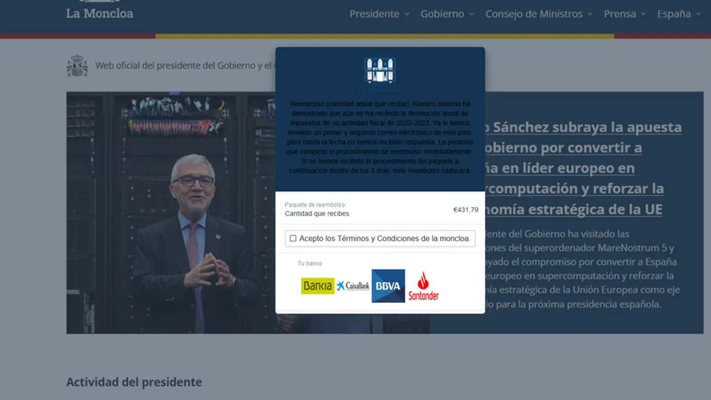 Nueva estafa: se hacen pasar por La Moncloa para robar los datos de usuarios de cuatro bancos Nueva estafa: se hacen pasar por La Moncloa para robar los datos de usuarios de cuatro bancos