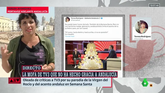Teresa Rodríguez, sobre el polémico 'gag' de la Virgen del Rocío: "Hay discursos que perjudican a las formas de vernos como pueblo" Teresa Rodríguez, sobre el polémico 'gag' de la Virgen del Rocío: "Hay discursos que perjudican a las formas de vernos como pueblo"