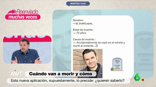 La reacción de Iñaki López al descubrir cuándo y cómo va a morir "A partir de ahora voy a presentar sondado", comenta Iñaki López, que junto a María Lamela y Cristina Pardo prueba la nueva aplicación de moda, 'Toasteed', que predice cuándo y cómo morirán a partir de sus interacciones en redes sociales.