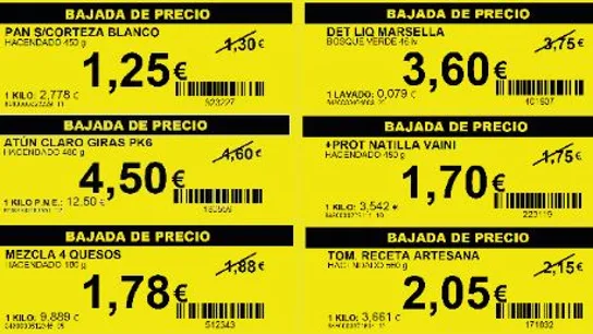 Imagen de las etiquetas que Mercadona utiliza para indicar las bajadas de precio. Imagen de las etiquetas que Mercadona utiliza para indicar las bajadas de precio.