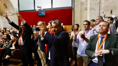 Representantes de los regantes aplauden tras acabar el pleno del Parlamento de Andalucía en el que el PP y Vox han dado luz verde a la tramitación de la proposición de ley que amplía la zona regable en Doñana
