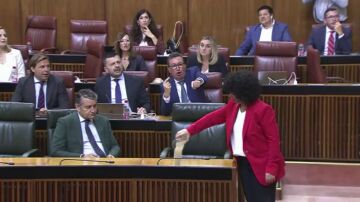 Bronca en el Parlamento andaluz: Maribel Mora (Adelante Andalucía) arroja arena de Doñana sobre el escaño de Juanma Moreno