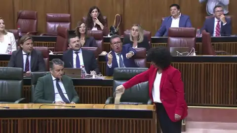 Bronca en el Parlamento andaluz: Maribel Mora (Adelante Andalucía) arroja arena de Doñana sobre el escaño de Juanma Moreno