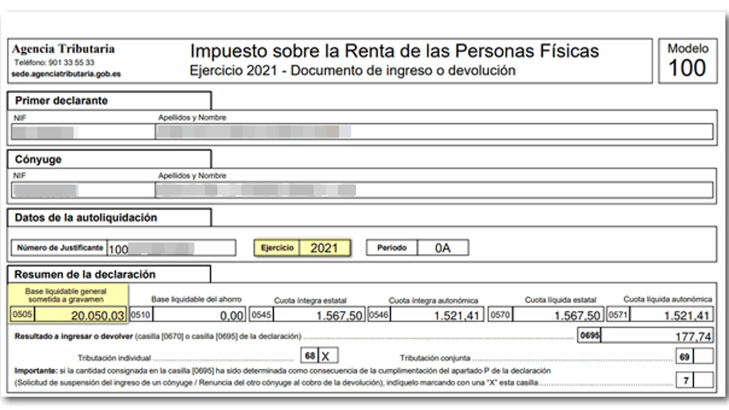Casilla 505 de un ejemplo de declaración de la renta Casilla 505 de un ejemplo de declaración de la renta