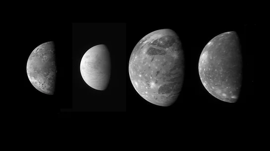 De izquierda a derecha, Ío, Europa, Ganímedes y Calisto, las cuatro grandes lunas de Júpiter De izquierda a derecha, Ío, Europa, Ganímedes y Calisto, las cuatro grandes lunas de Júpiter