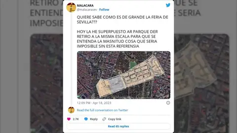Un twittero triunfa al mostrar como es de grande la Feria de Abril de Sevilla comparándola con el Retiro y el Bernabéu Un twittero triunfa al mostrar como es de grande la Feria de Abril de Sevilla comparándola con el Retiro y el Bernabéu