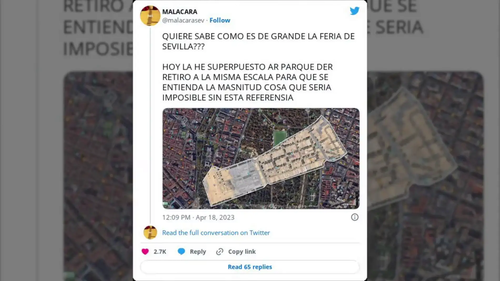 Un twittero triunfa al mostrar como es de grande la Feria de Abril de Sevilla comparándola con el Retiro y el Bernabéu
