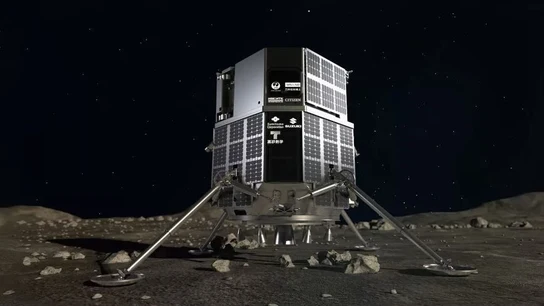 Representación del módulo de aterrizaje Hakuto-R de ispace en la superficie de la luna Representación del módulo de aterrizaje Hakuto-R de ispace en la superficie de la luna