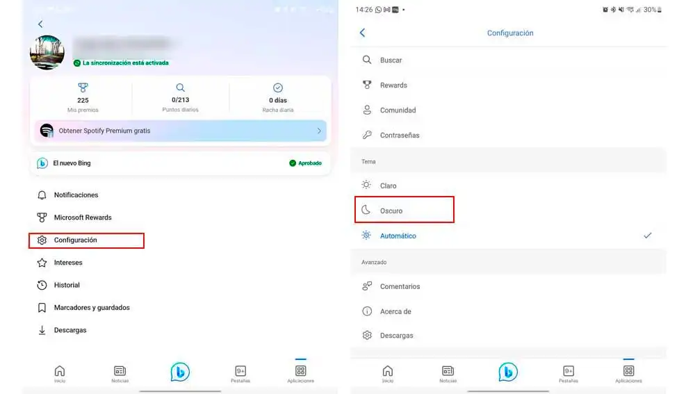 Activando el tema oscuro en Bing
