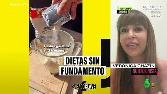 Una nutricionista desmonta mitos de los alimentos La nutricionista Verónica Chazín desmonta en Sábado Clave varios bulos de supuestos influencers alimentarios sobre las propiedades de la gelatina y el agua con limón o el que dice que un plátano equivale a tres cucharadas de azúcar.