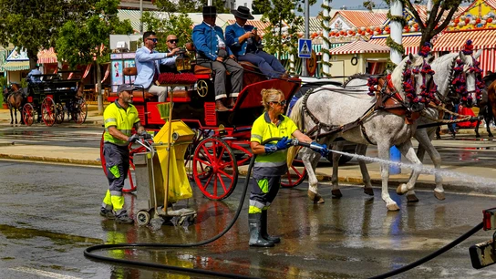 Trabajadores del servicio municipal de limpieza en el real de la Feria de Abril Trabajadores del servicio municipal de limpieza en el real de la Feria de Abril