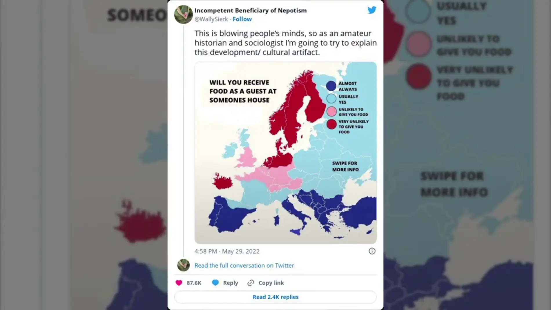 El mapa de Europa de 'en qué país te invitarían a comer a casa' que se ha hecho viral por lo tacaños que son en Holanda