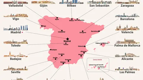 Mapa con las ciudades de España Mapa con las ciudades de España