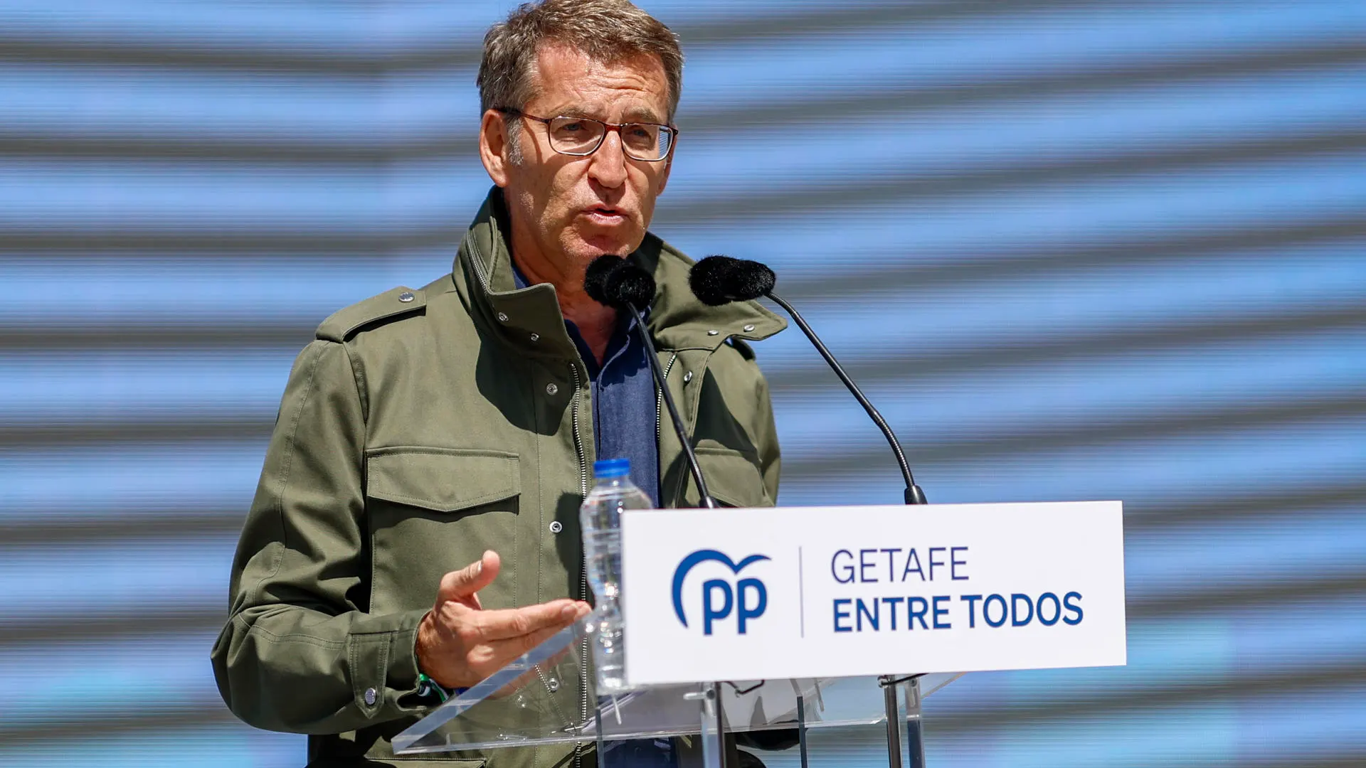 El presidente nacional del Partido Popular, Alberto Núñez Feijóo durante su intervención en el mitin que el partido ofrece este sábado en Getafe.