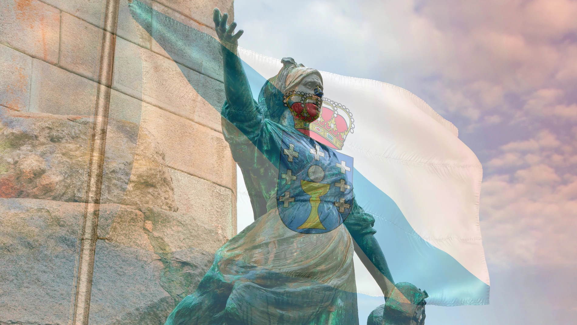 Una estatua de una mujer, parte del monumento a los Héroes de Puente Sampayo en Pontevedra, con una bandera de Galicia sobreexpuesta