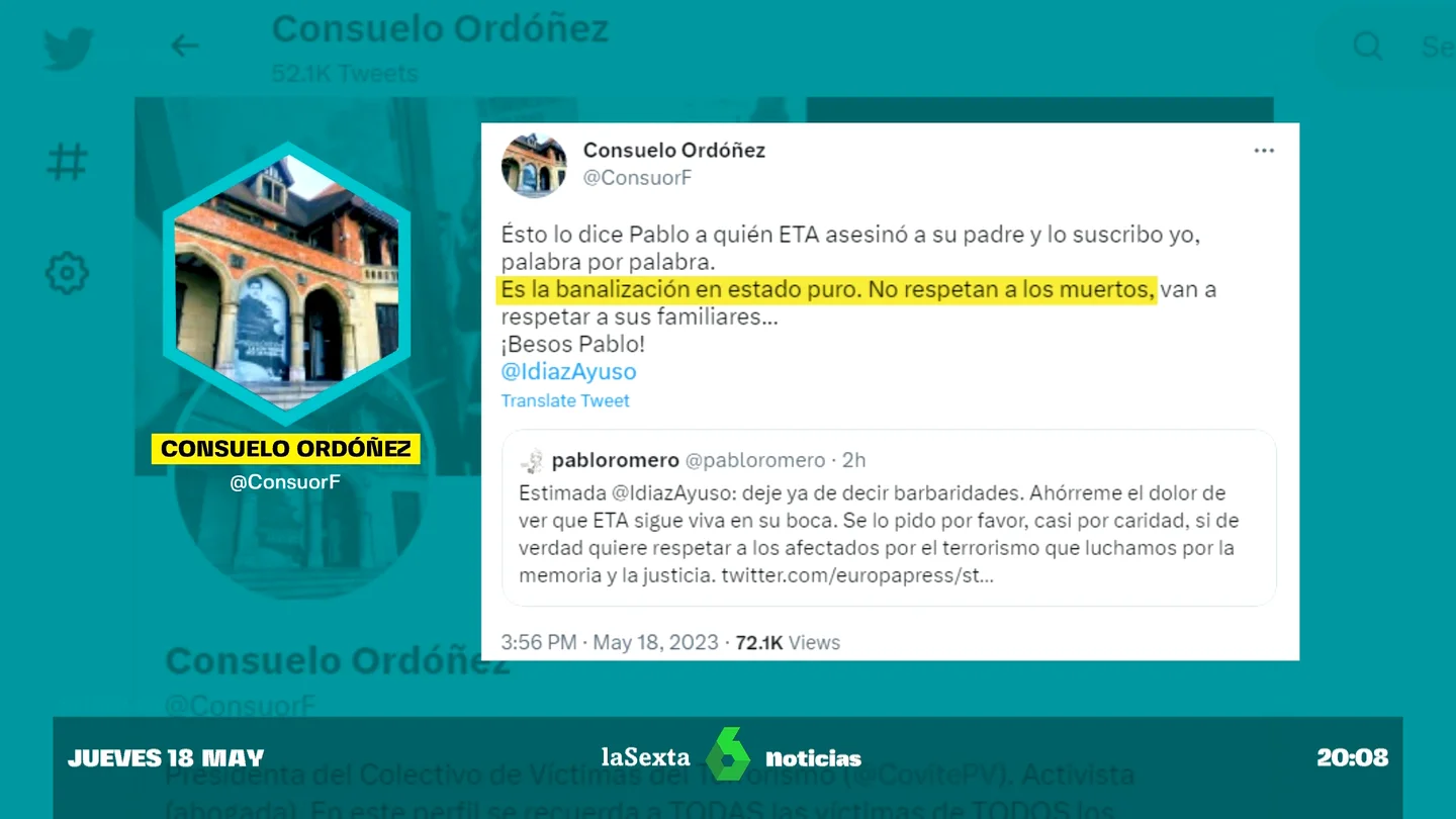 Dos víctimas de ETA cargan contra Ayuso: "Ahórreme el dolor de ver que ETA sigue viva en su boca" Dos víctimas de ETA cargan contra Ayuso: "Ahórreme el dolor de ver que ETA sigue viva en su boca"