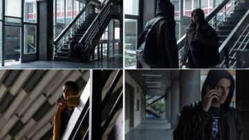Cristina Kovani, Arón Piper and Manu Ríos, protagonists of 'El Silencio' in various scenes shot in the towers on Calle Alcorta, in Bilbao.