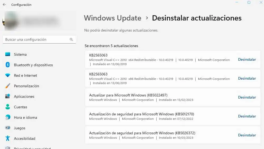 Desinstalando actualizaciones en Windows