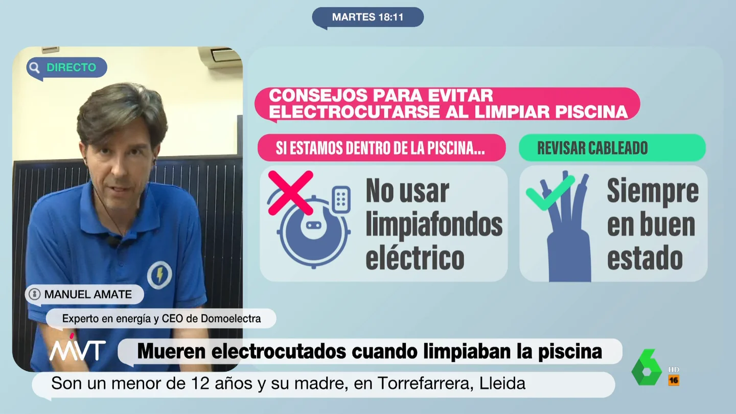 Los consejos de Manuel Amate para no electrocutarse al limpiar la piscina Manuel Amate, experto en energía, analiza en este vídeo de Más Vale Tarde el caso de una mujer y su hijo que han muerto electrocutados mientras limpiaban la piscina y explica los procesos y herramientas a utilizar para hacerlo de forma segura.