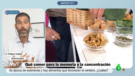 El nutricionista Pablo Ojeda explica por qué las nueces ayudan a la memoria y son el mejor fruto seco que hay Pablo Ojeda analiza en Más Vale Tarde los mejores alimentos para ayudar a la memoria y la concentración en plena época de exámenes. Entre ellos estarían las nueces y el aguacate que, según el nutricionista, "sirve para irse de vacaciones con él".