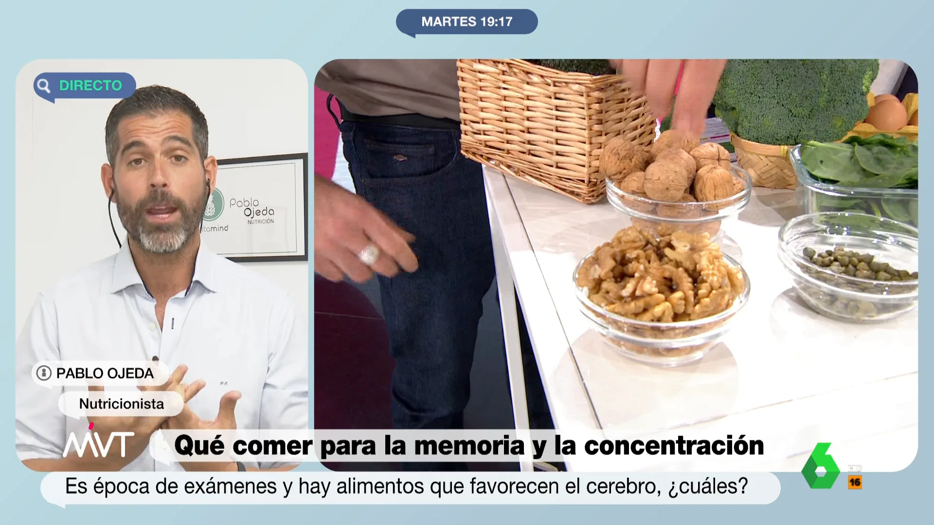 Pablo Ojeda analiza en Más Vale Tarde los mejores alimentos para ayudar a la memoria y la concentración en plena época de exámenes. Entre ellos estarían las nueces y el aguacate que, según el nutricionista, "sirve para irse de vacaciones con él".