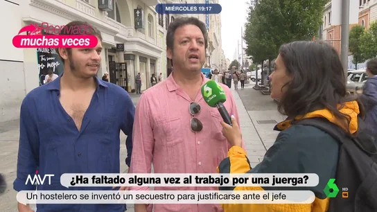 ¿Has faltado alguna vez al trabajo por una juerga? Los españoles confiesan sus excusas más divertidas María Lamela sale a la calle para preguntar a los españoles por sus trucos para afrontar, o no, una jornada laboral después de una juerga. "Me ha dejado el novio, otra vez", confiesa una chica que ha usado como excusa en este vídeo de Más Vale Tarde.