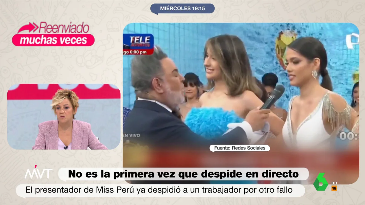 Cristina Pardo, al ver cómo el presentador de Miss Perú ya hizo un despido en directo el año pasado Más Vale Tarde desvela que Andrés Hurtado ya despidió el año pasado durante la gala de 'Miss Perú' a su productor, con un gran parecido al del momento que ahora se ha hecho viral. "Debe ser el más despedido de la historia", comenta Iñaki López.