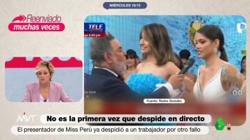 Cristina Pardo, al ver cómo el presentador de Miss Perú ya hizo un despido en directo el año pasado