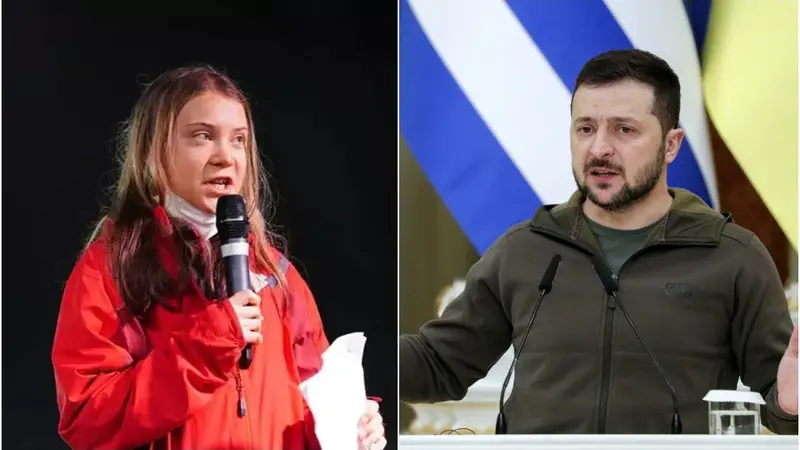 A la izquierda, la activista climática Greta Thunberg; a la derecha, el presidente de Ucrania, Volodímir Zelenski