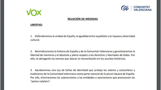 Estos son los 50 puntos del acuerdo de PP y Vox para gobernar juntos en la Comunitat Valenciana Estos son los 50 puntos del acuerdo de PP y Vox para gobernar juntos en la Comunitat Valenciana