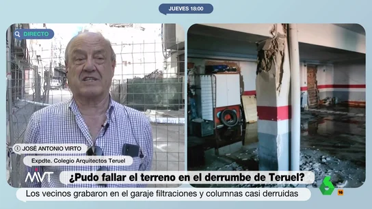 Un arquitecto analiza los pilares del edificio de Teruel justo antes de derrumbarse José Antonio Virto, expresidente del Colegio de Arquitectos de Teruel, analiza la posible causa del colapso de un edificio en esta ciudad y tranquiliza a los vecinos que han vuelto a sus casas: "Esta perfectamente justificado", comenta en este vídeo.