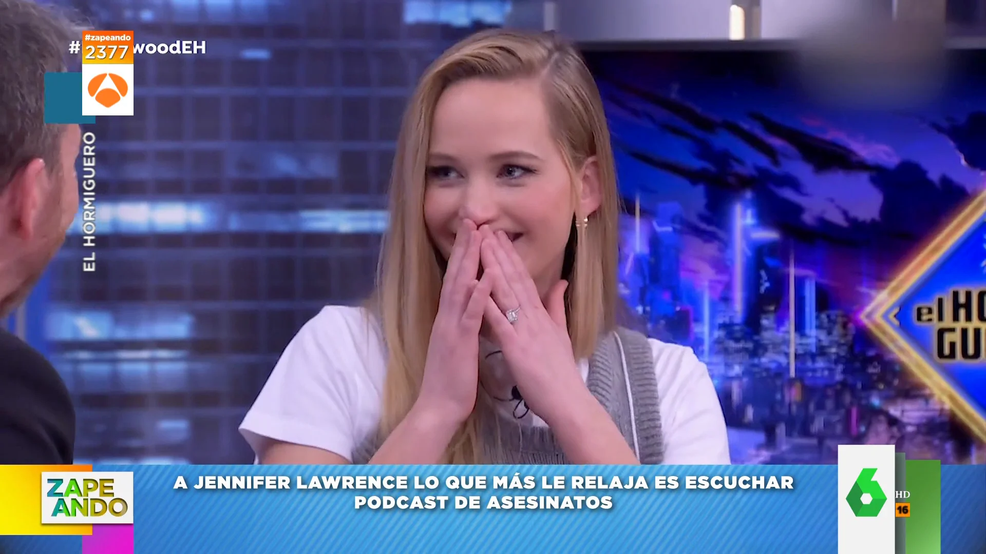 Jennifer Lawrence confiesa a Pablo Motos la razón por la que escucha pódcast de asesinatos