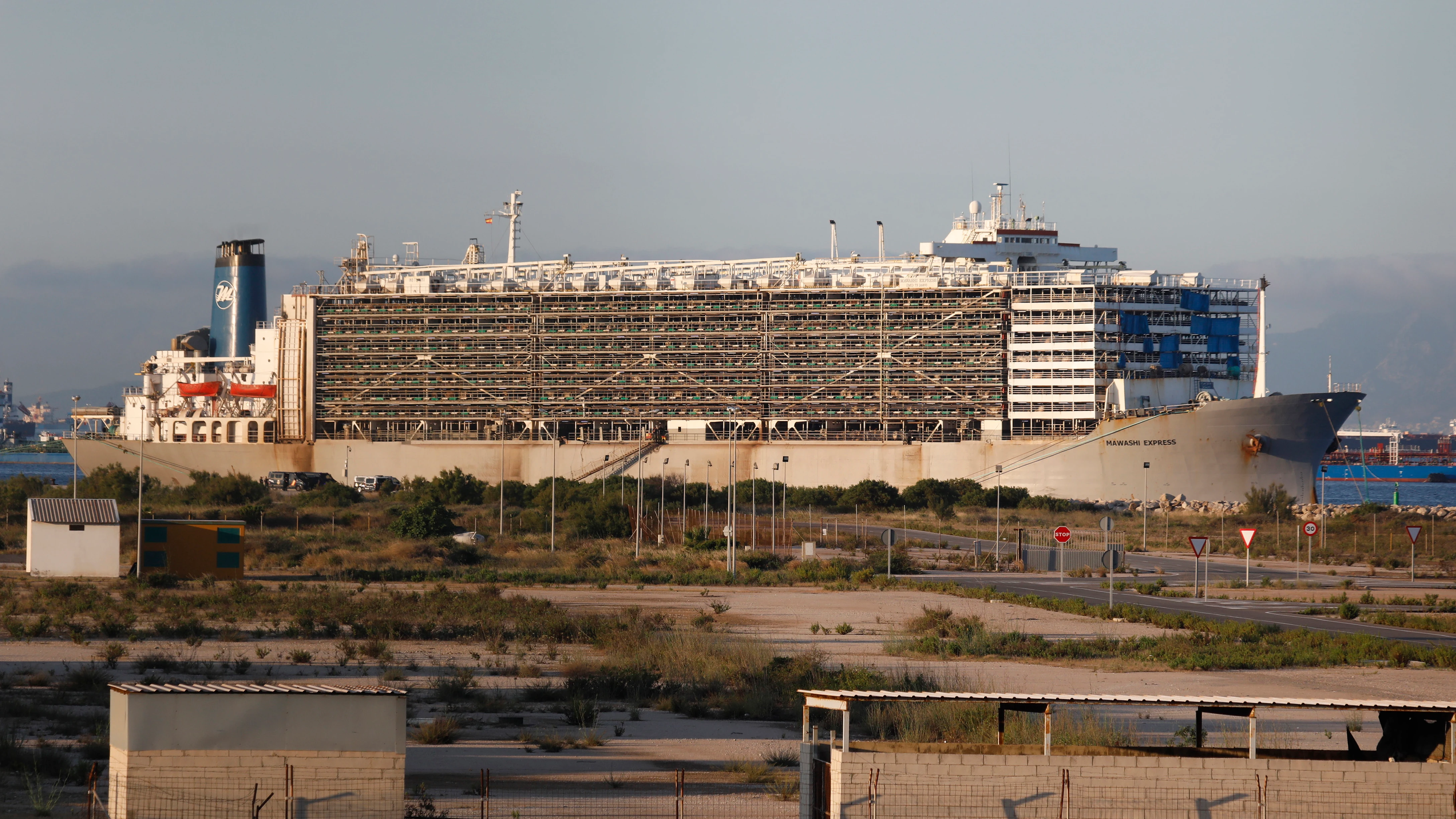 El buque Mawashi Express, atracado en el muelle de Crinavis, en San Roque (Cádiz)