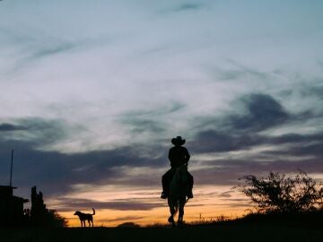 Un cowboy cabalgando hacia el horizonte