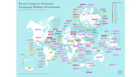 Mapa con los destinos europeos más buscados del mundo para las vacaciones de verano Mapa con los destinos europeos más buscados del mundo para las vacaciones de verano