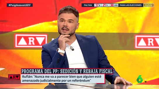 Rufián critica la propuesta de Feijóo para Cataluña: "Que su solución sea 'todos a la cárcel' me parece perverso" Rufián critica la propuesta de Feijóo para Cataluña: "Que su solución sea 'todos a la cárcel' me parece perverso"