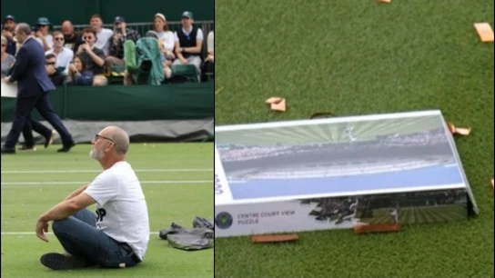 Momento surrealista en Wimbledon: activistas climáticos paralizan el partido de Dimitrov con confeti Momento surrealista en Wimbledon: activistas climáticos paralizan el partido de Dimitrov con confeti