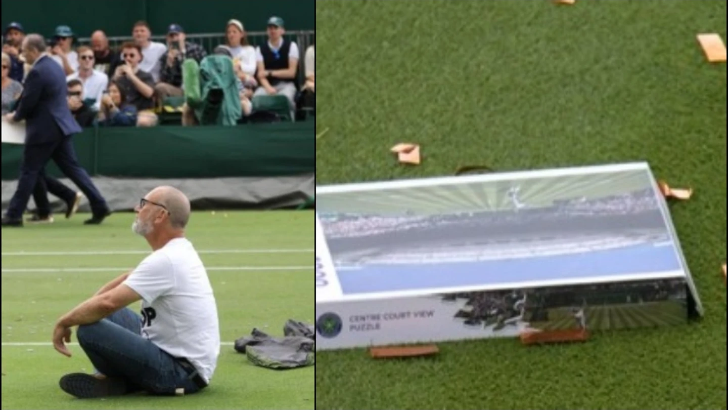 Momento surrealista en Wimbledon: activistas climáticos paralizan el partido de Dimitrov con confeti Momento surrealista en Wimbledon: activistas climáticos paralizan el partido de Dimitrov con confeti