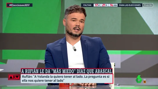 Rufián aclara qué piensa de Yolanda Díaz: "La quiero tener al lado. Con ella los puentes se rompieron con la reforma laboral" Rufián aclara qué piensa de Yolanda Díaz: "La quiero tener al lado. Con ella los puentes se rompieron con la reforma laboral"