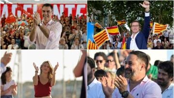 Los candidatos del PP, PSOE, Sumar y Vox, en actos electorales antes del inicio de la campaña