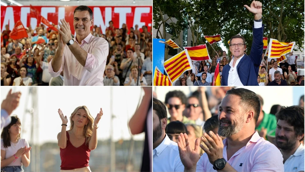 Los candidatos del PP, PSOE, Sumar y Vox, en actos electorales antes del inicio de la campaña