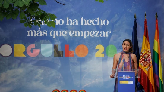 La ministra de Igualdad, Irene Montero, interviene durante el acto de entrega de los Reconocimientos Arcoíris. La ministra de Igualdad, Irene Montero, interviene durante el acto de entrega de los Reconocimientos Arcoíris.